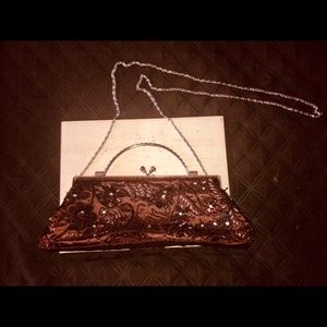 Brown Satin Beaded Bag w/Rhinestones Handle